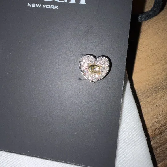 Coach Crystal Heart Logo Stud Earrings Gold Clear Pavé C NWT - Picture 3 of 4